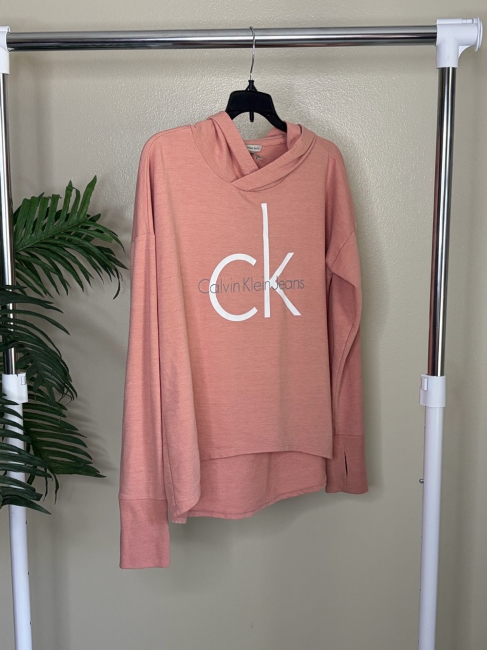 Calvin Klein Jeans Hoodie Womens Small Pink CK Logo High Low Lightweight